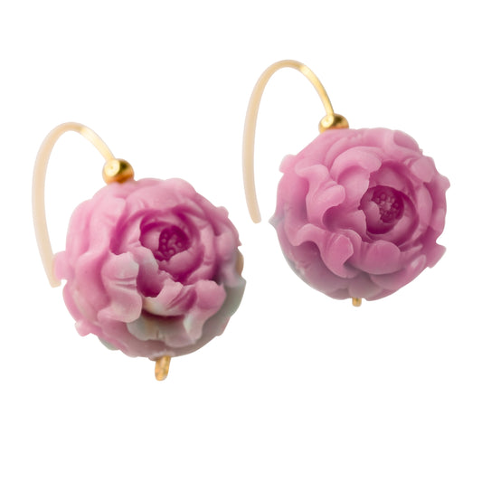 Pink Agate Peony Flower Earring II 14K Gold Hook