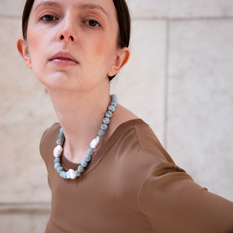 Baroque Pearl & Blue Ceramic Bead Necklace