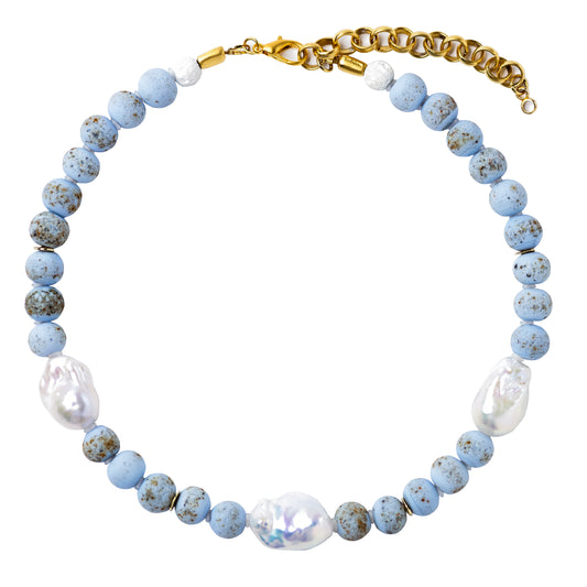 Baroque Pearl & Blue Ceramic Bead Necklace