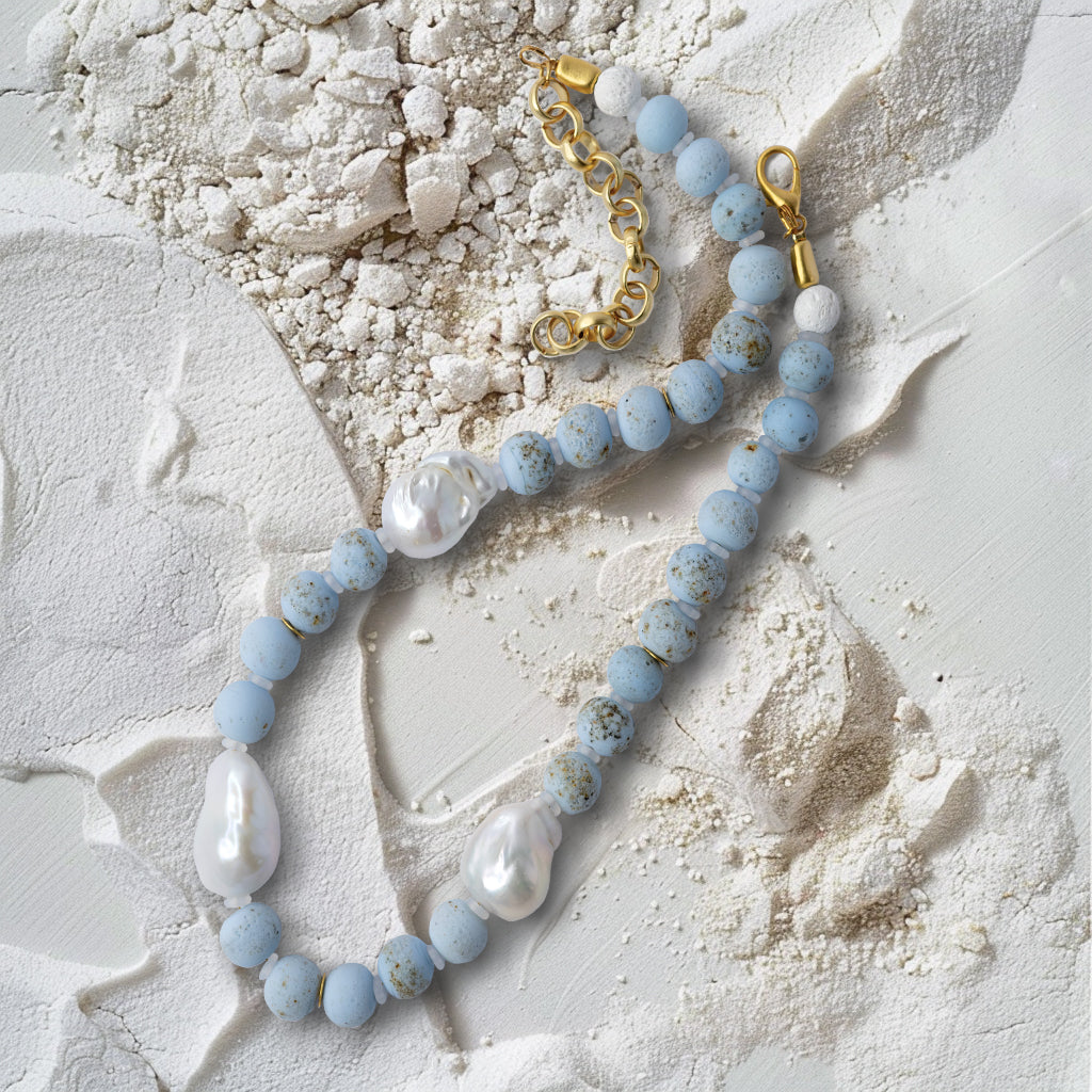 Baroque Pearl & Blue Ceramic Bead Necklace