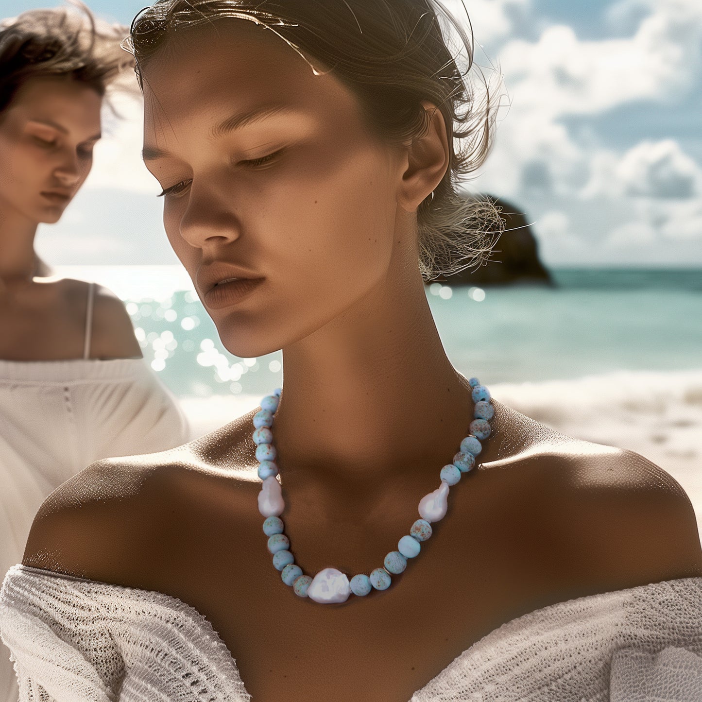 Baroque Pearl & Blue Ceramic Bead Necklace