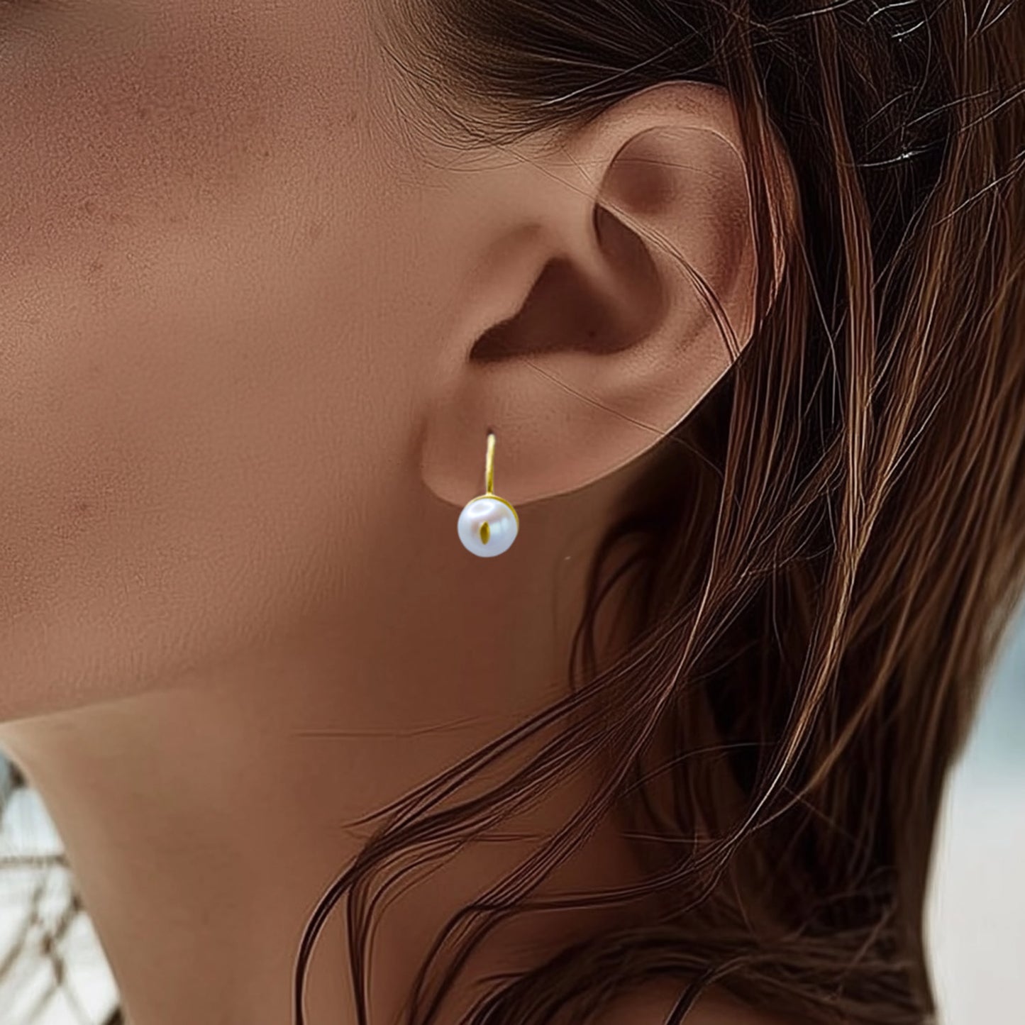 Cat Eye Pearl 18K Gold Hook Earring