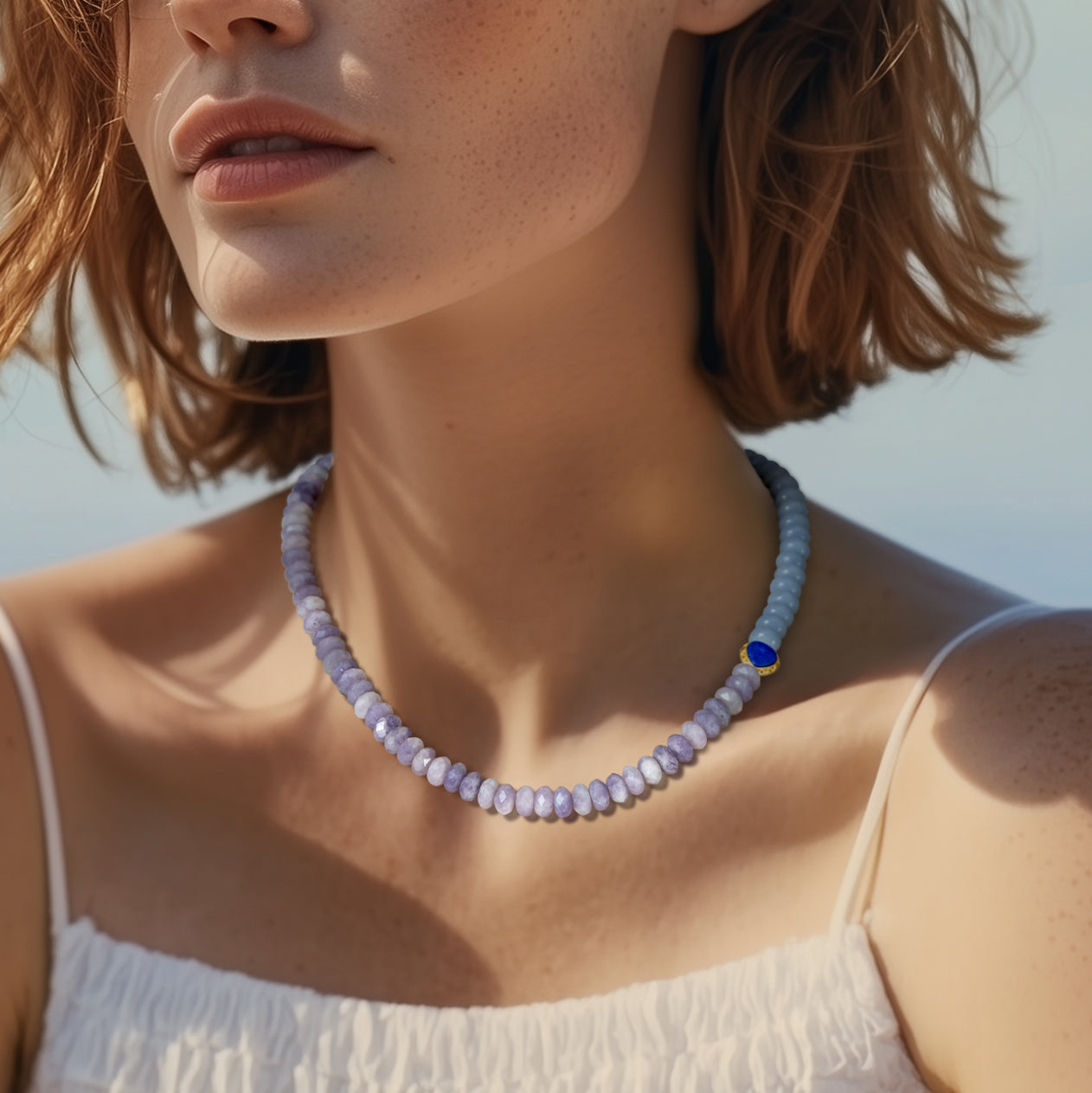 Kunzite Aquamarine Lapis Half Moon Necklace