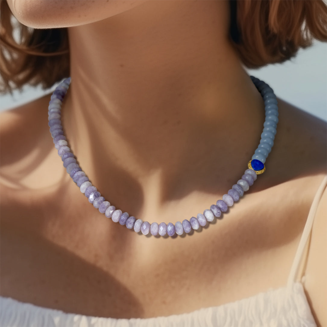 Kunzite Aquamarine Lapis Half Moon Necklace