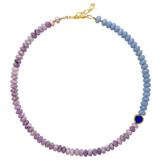 Kunzite Aquamarine Lapis Half Moon Necklace