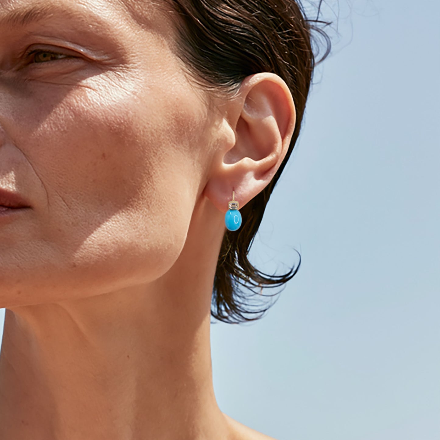 Oval Turquoise and Diamond Gold Drop Earrings