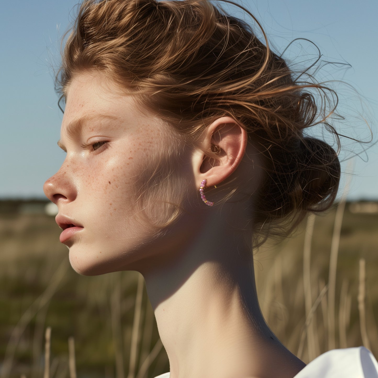 Pink Tourmaline Half Moon Earring 14K Gold Hoop