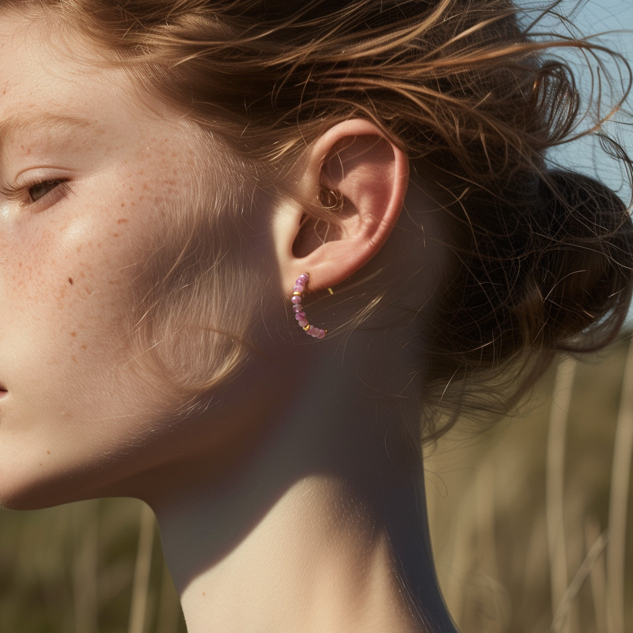 Pink Tourmaline Half Moon Earring 14K Gold Hoop