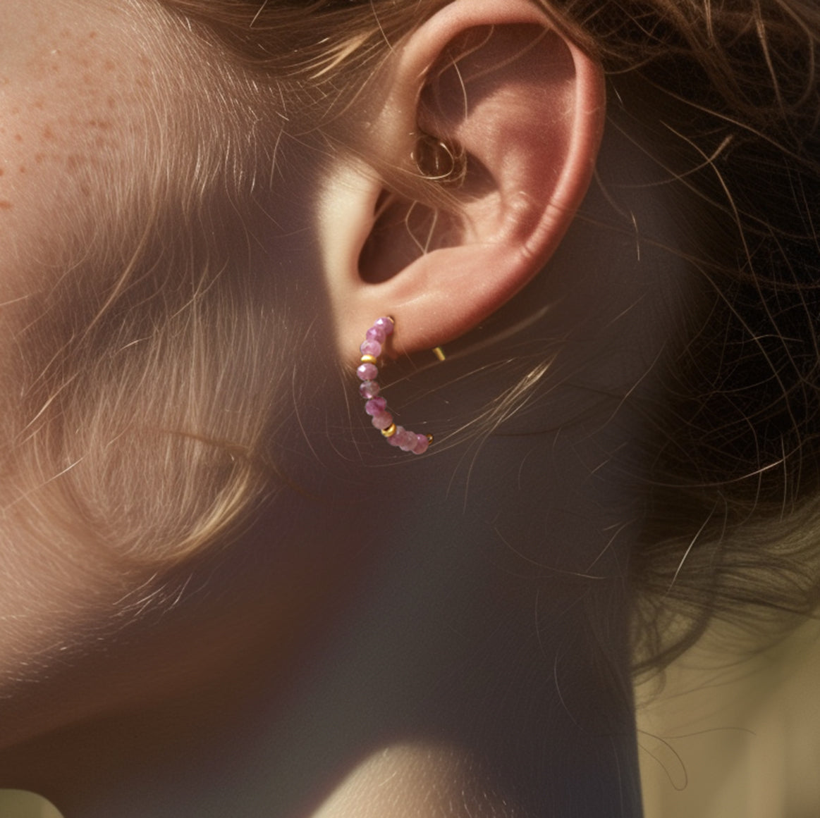 Pink Tourmaline Half Moon Earring 14K Gold Hoop