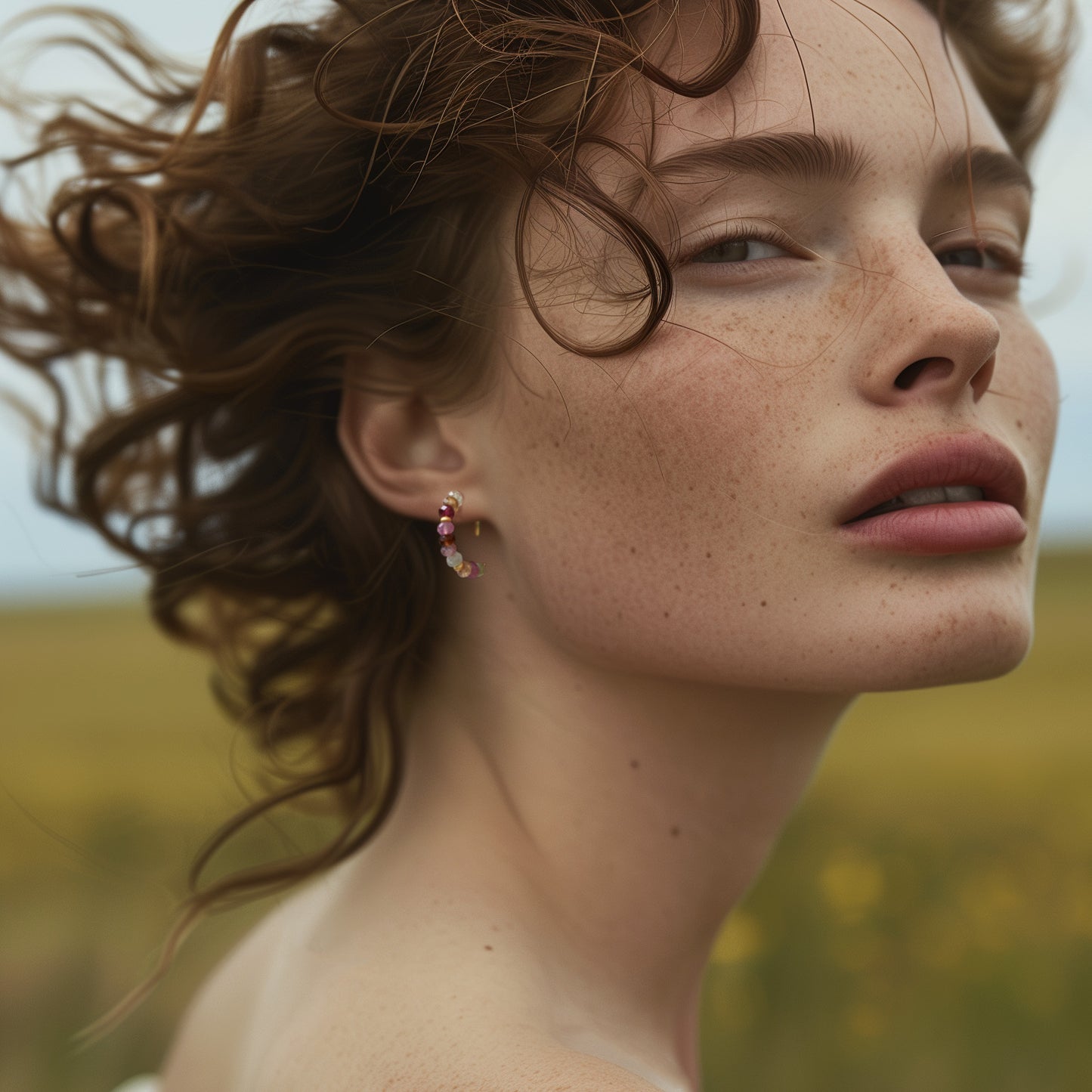 Rainbow Tourmaline Half Moon Earring 14K Gold Hoop