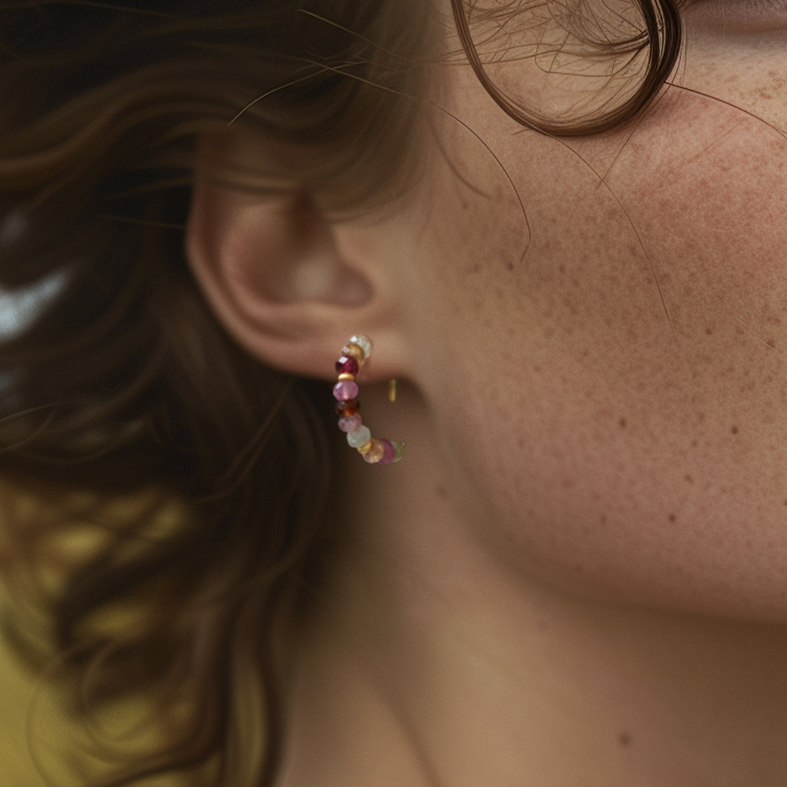 Rainbow Tourmaline Half Moon Earring 14K Gold Hoop