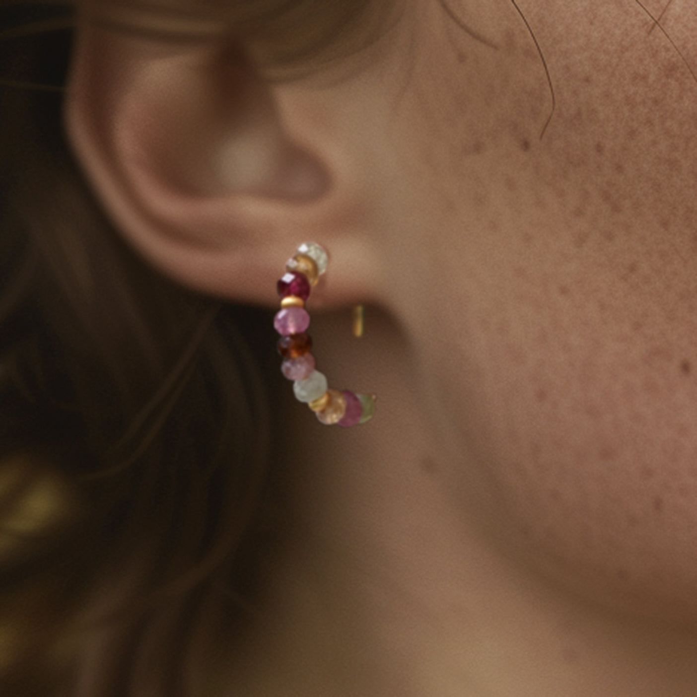 Rainbow Tourmaline Half Moon Earring 14K Gold Hoop