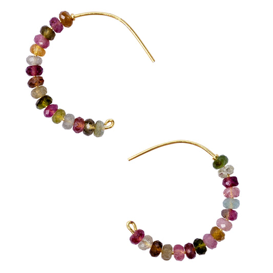 Rainbow Tourmaline Half Moon Earring Large 14K Gold Hoop