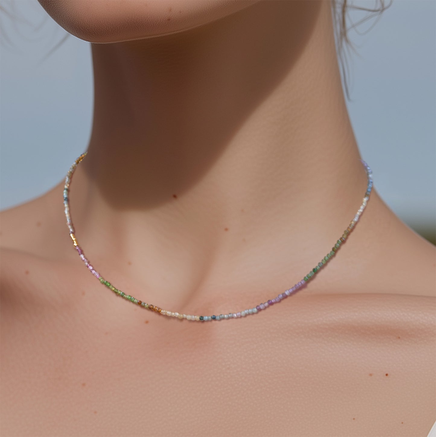 Tiny Rainbow Tourmaline Necklace 14k Gold