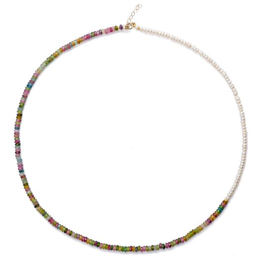 Tourmaline Pearl Half Moon Necklace 14K Gold