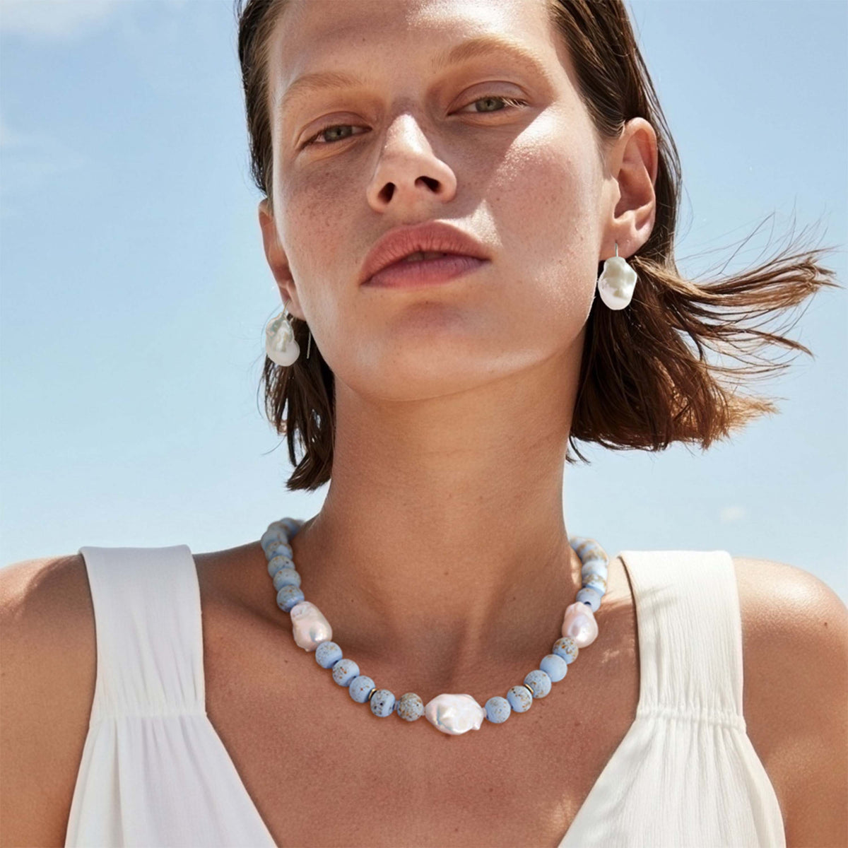 Baroque Pearl Trio Arctic Blue Bead Necklace