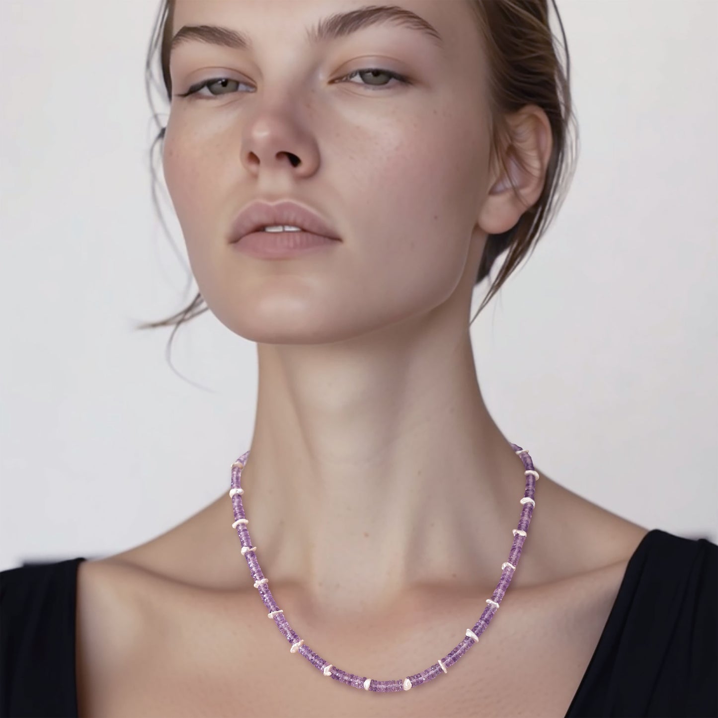 Birthstone February Amethyst Pearl Station Necklace