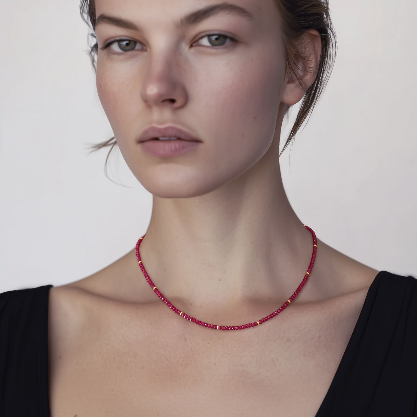 Birthstone July Ruby Gold Station Necklace
