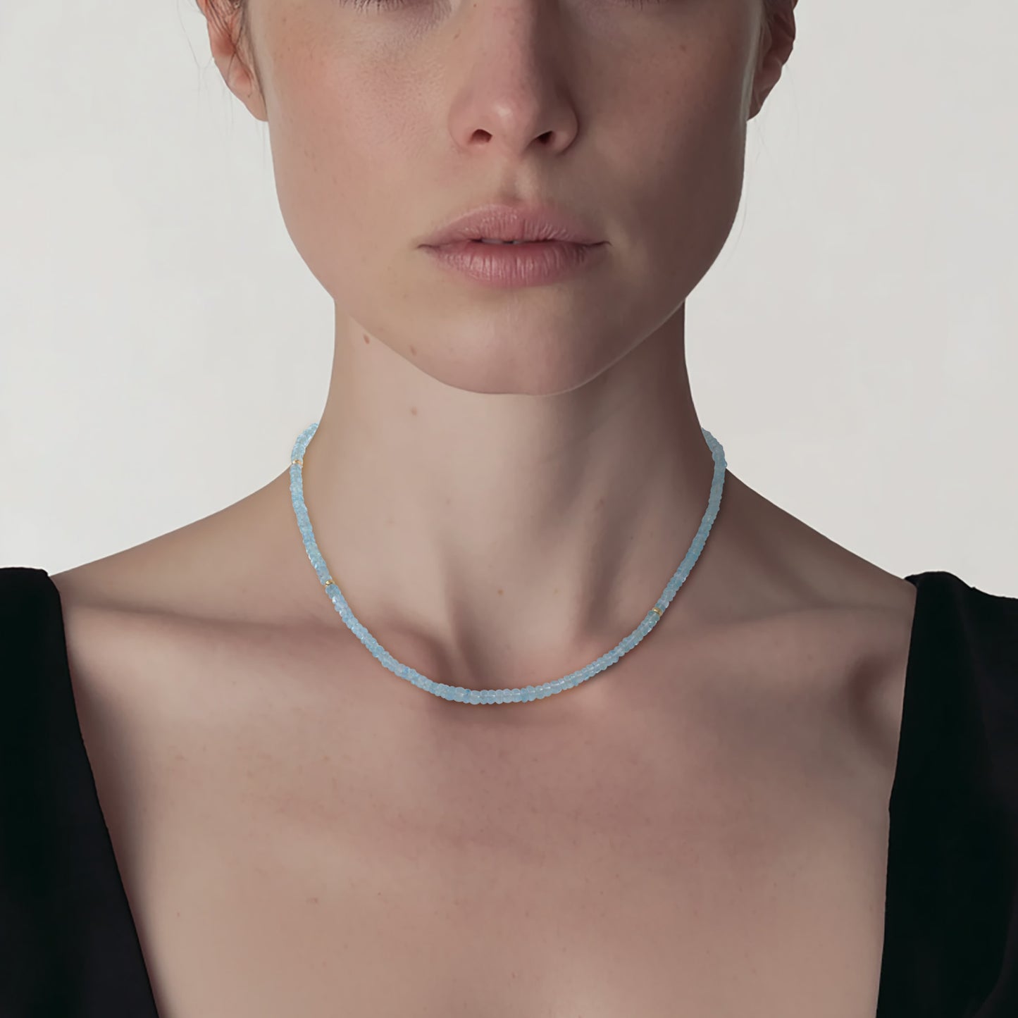 Birthstone March Aquamarine Gold Bead Necklace