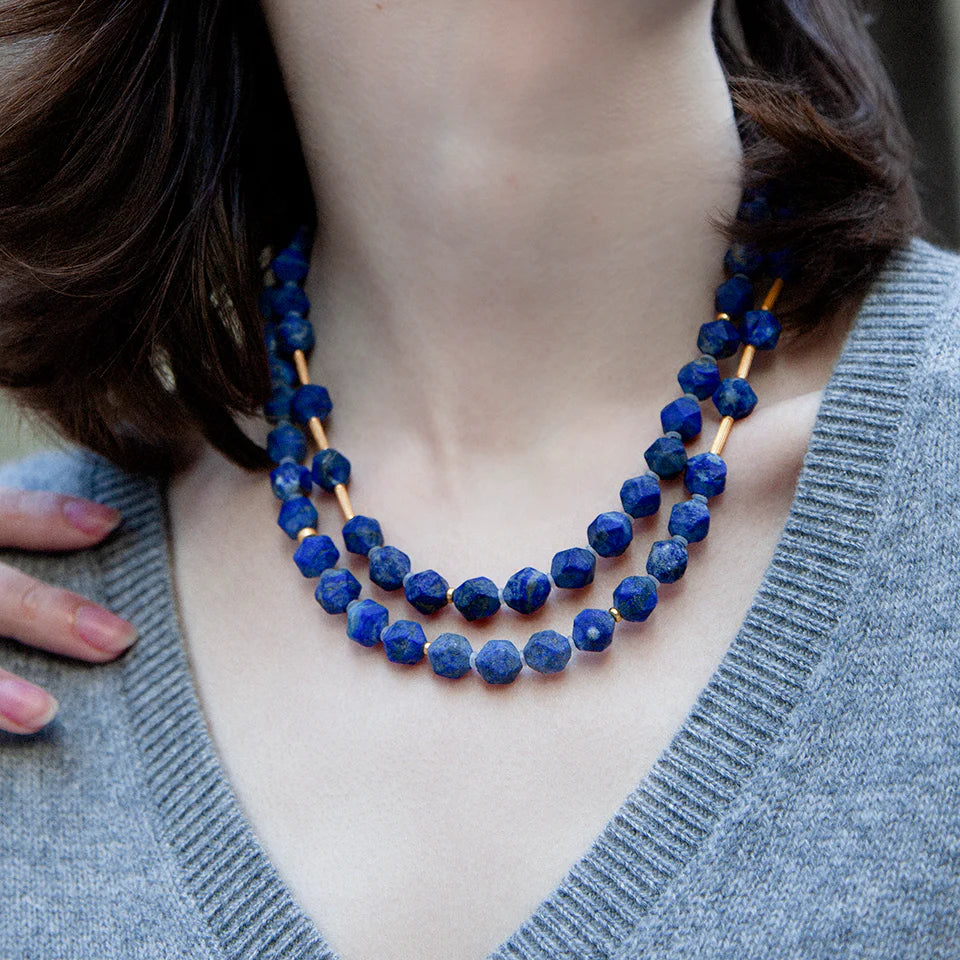 Lapis Nugget Gold Bead Long Necklace