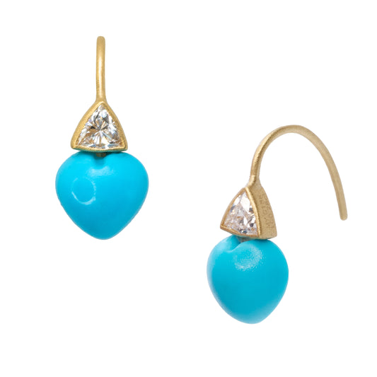 Heart Turquoise & Diamond Drop Earrings 18K Gold