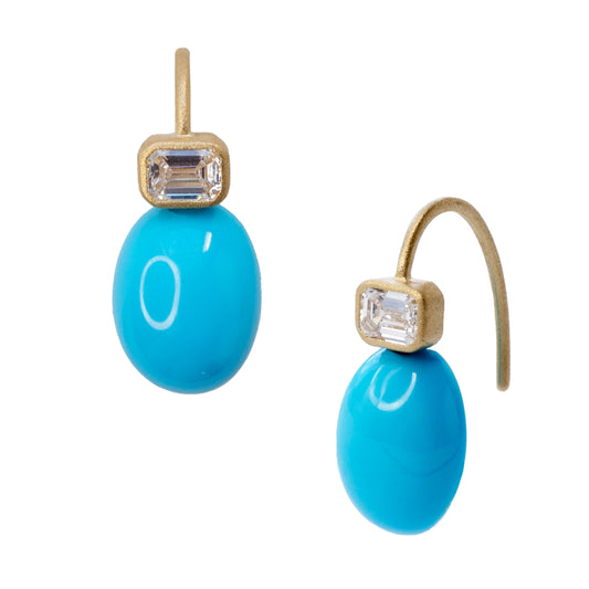 Oval Turquoise & Diamond Drop Earrings 18K Gold