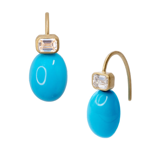 Oval Turquoise & Diamond Drop Earrings 18K Gold