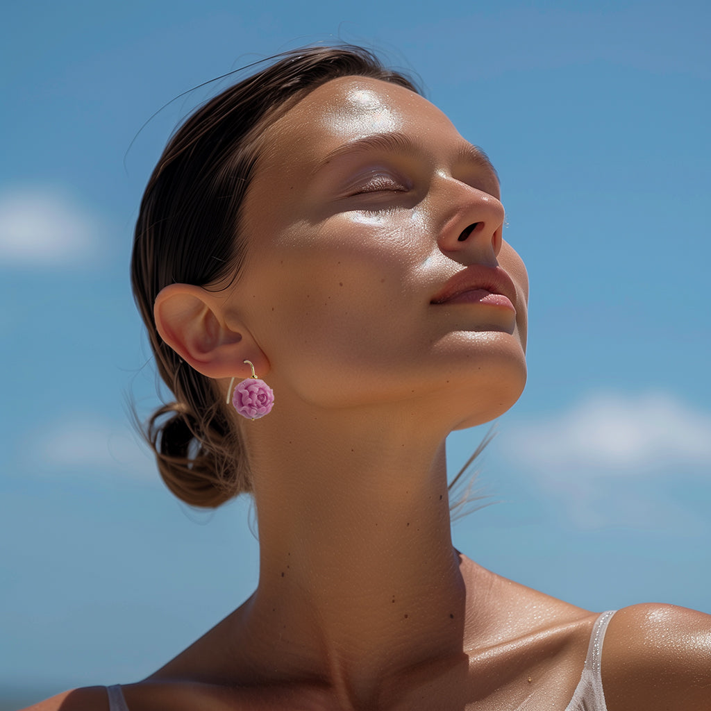 Pink Agate Peony Flower Earring II