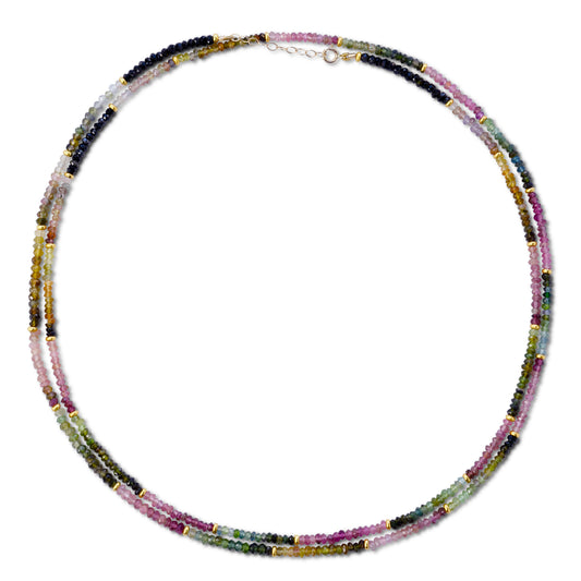 Rainbow Tourmaline Gold Bead Double Long Necklace