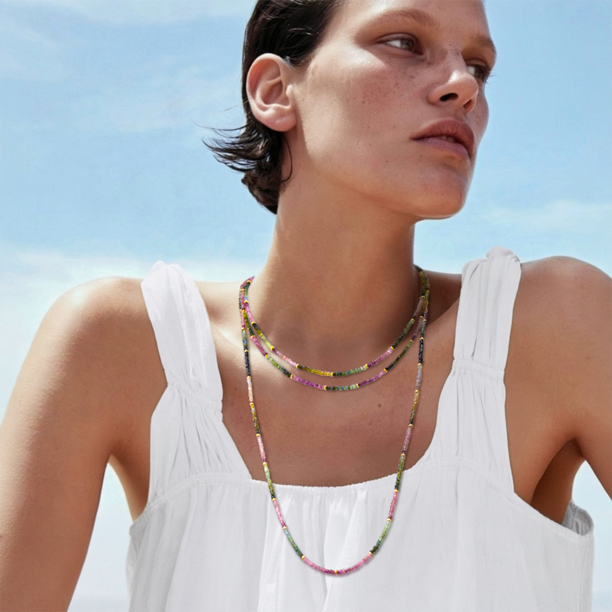 Rainbow Tourmaline Gold Bead Double Long Necklace