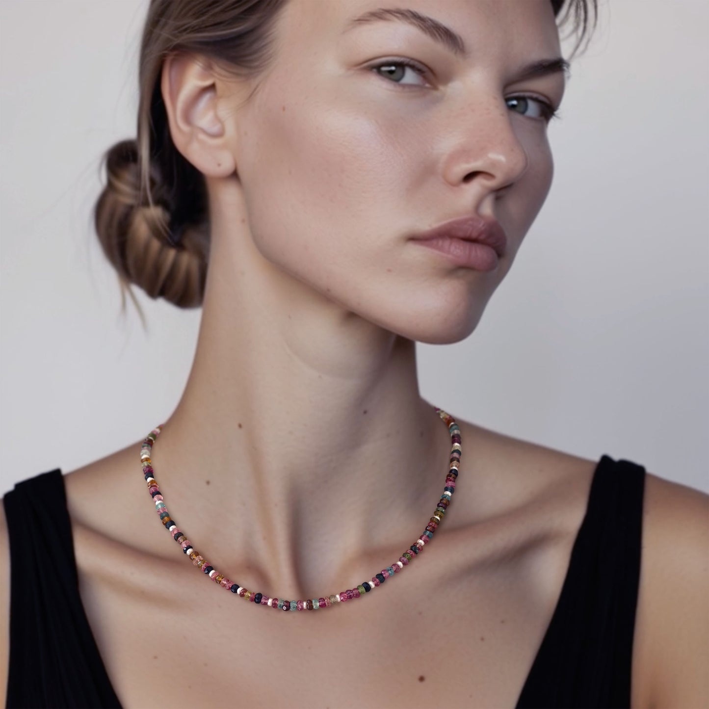 Rainbow Tourmaline Pearl Station Necklace