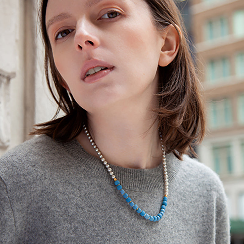 Gray Pearl Denim Beads Necklace