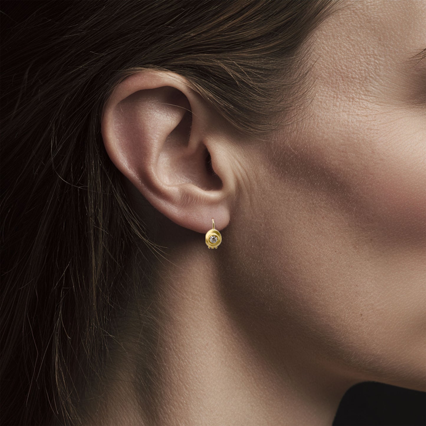 Solitaire Diamond Disc Gold Hook Earrings