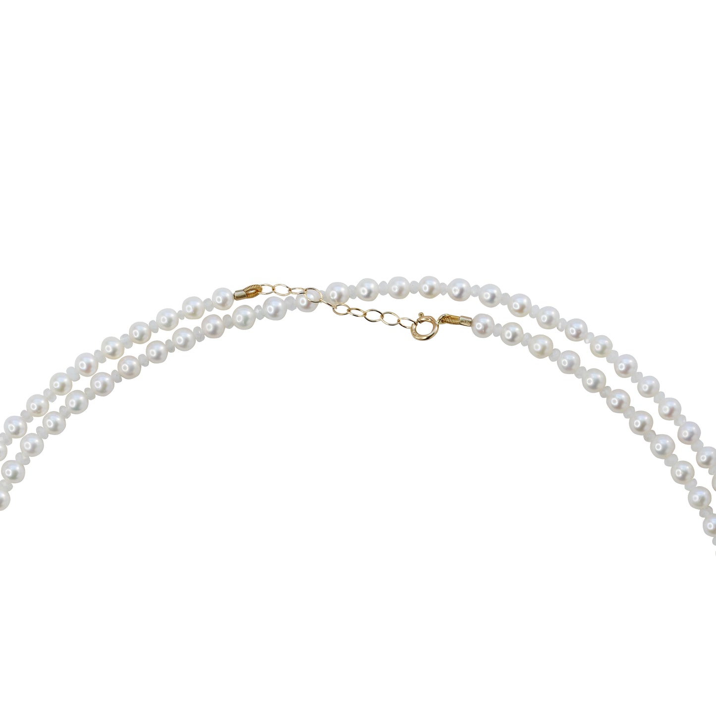 Tiny Pearl & White Moonstone Double Long Necklace 14K Gold
