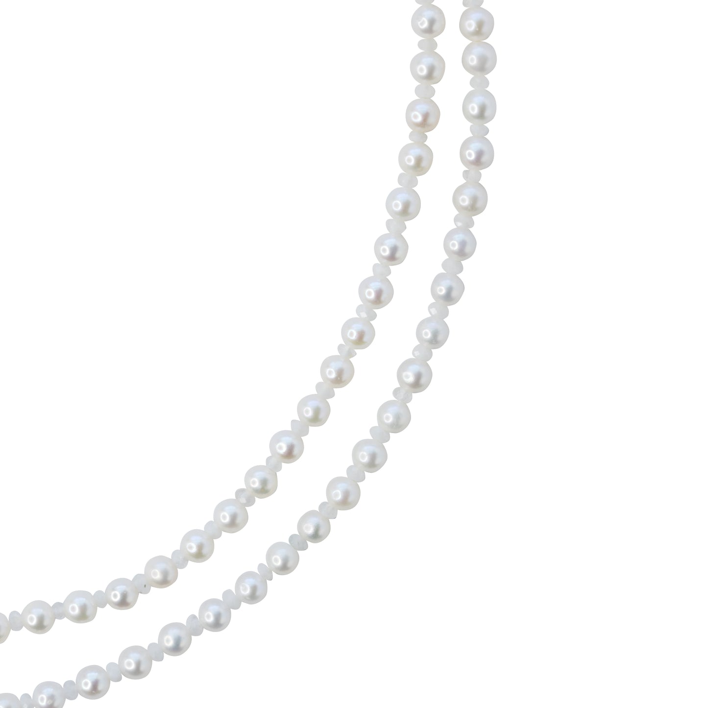 Tiny Pearl & White Moonstone Double Long Necklace 14K Gold