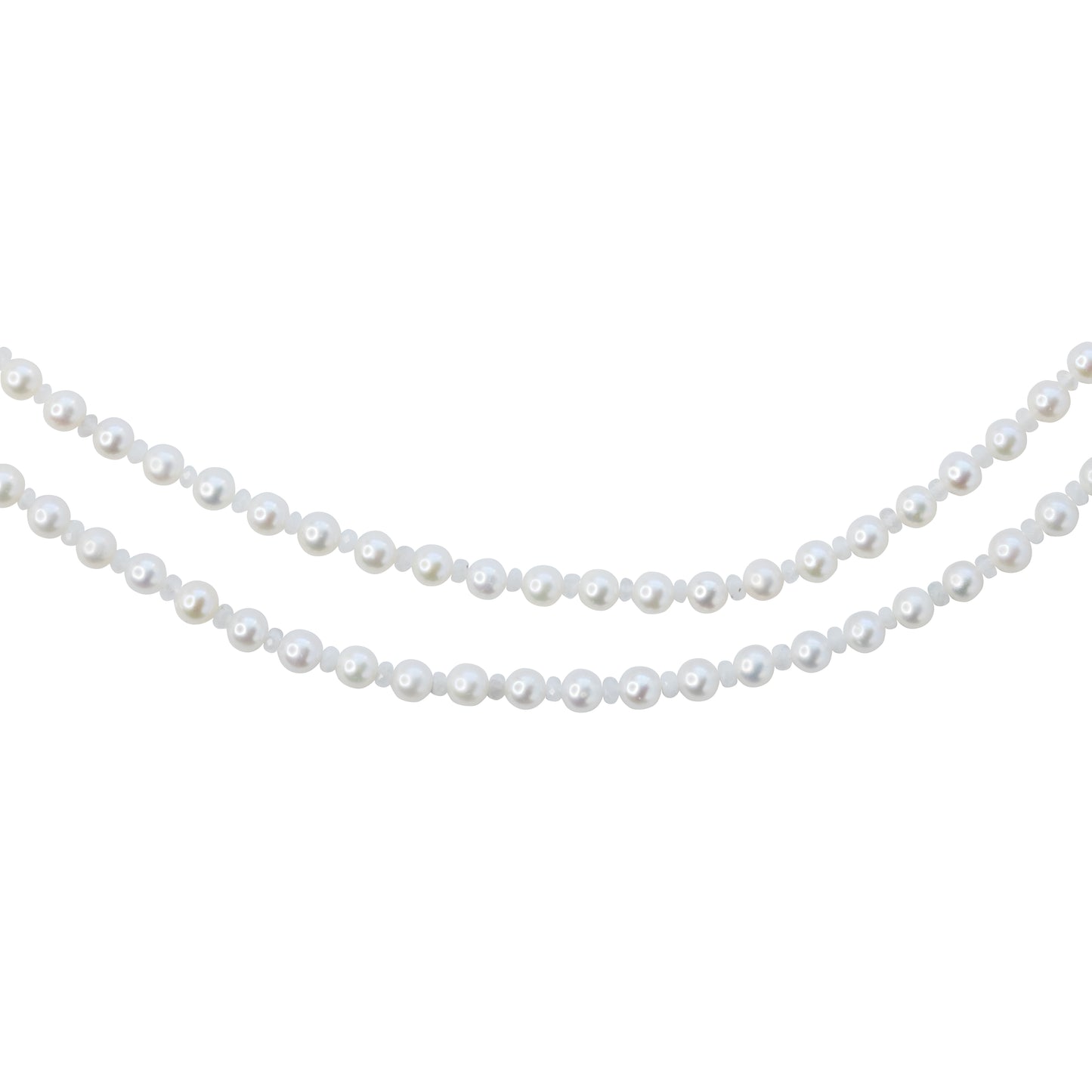 Tiny Pearl & White Moonstone Double Long Necklace 14K Gold