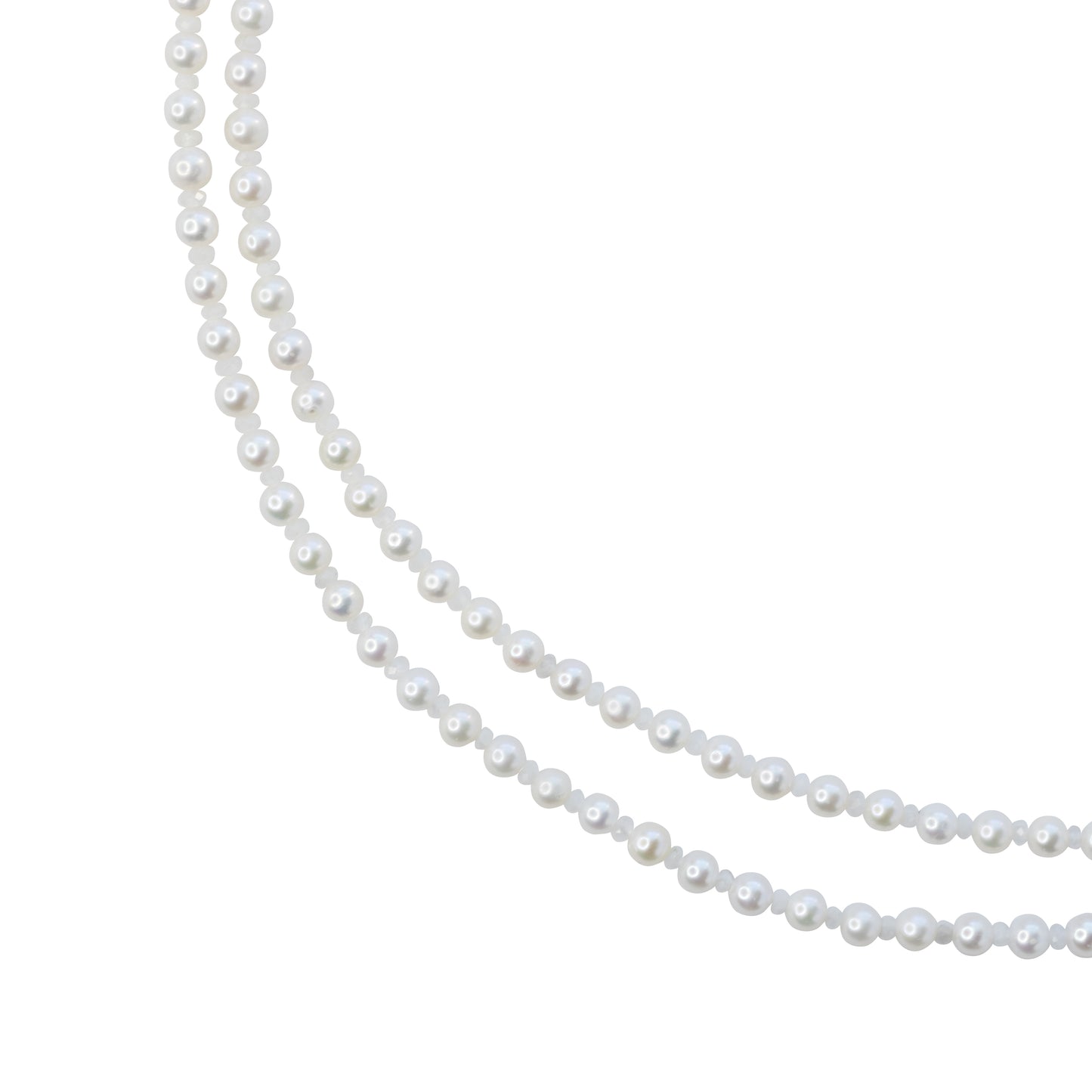 Tiny Pearl & White Moonstone Double Long Necklace 14K Gold