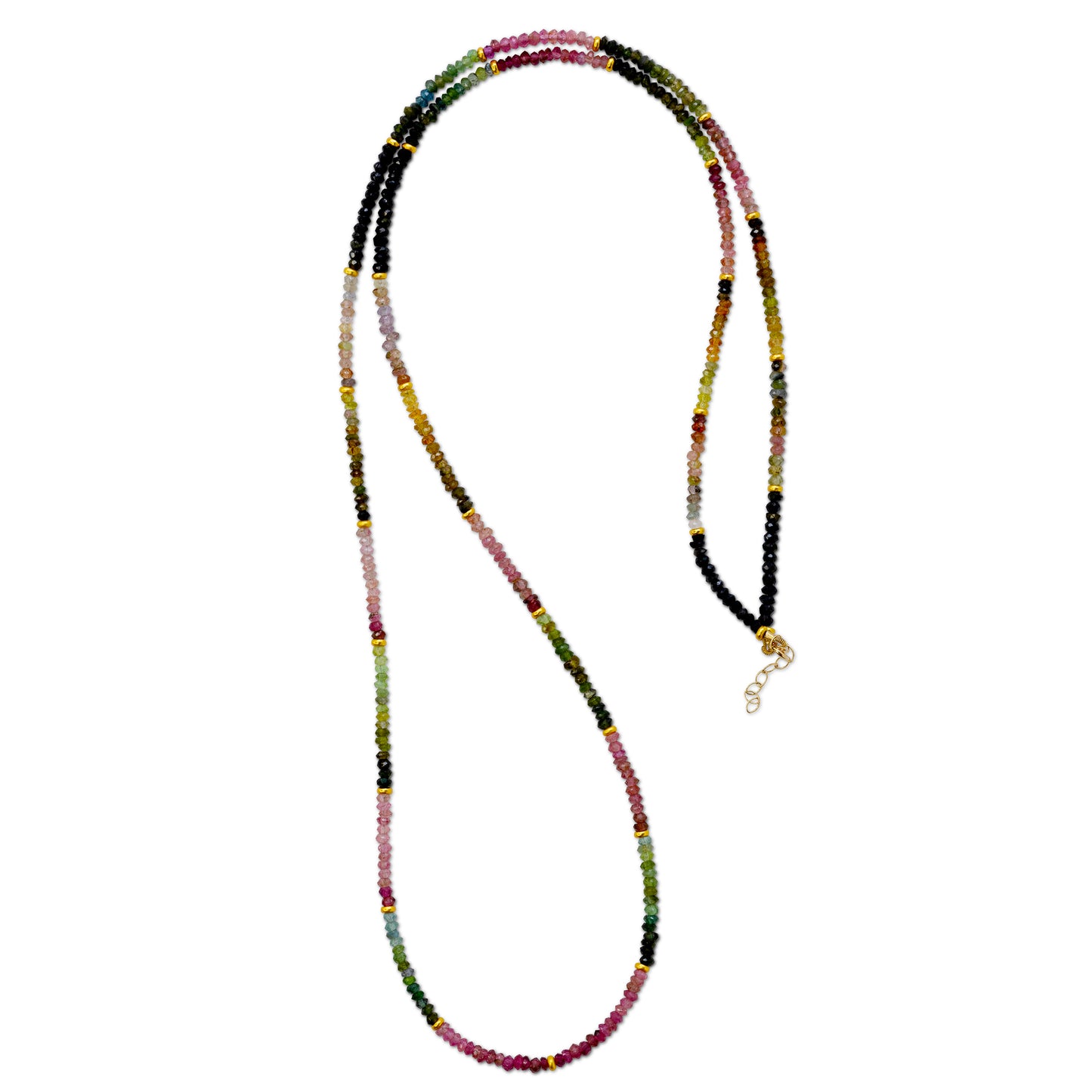 Tiny Rainbow Tourmaline Ombre Gold Bead Long Necklace