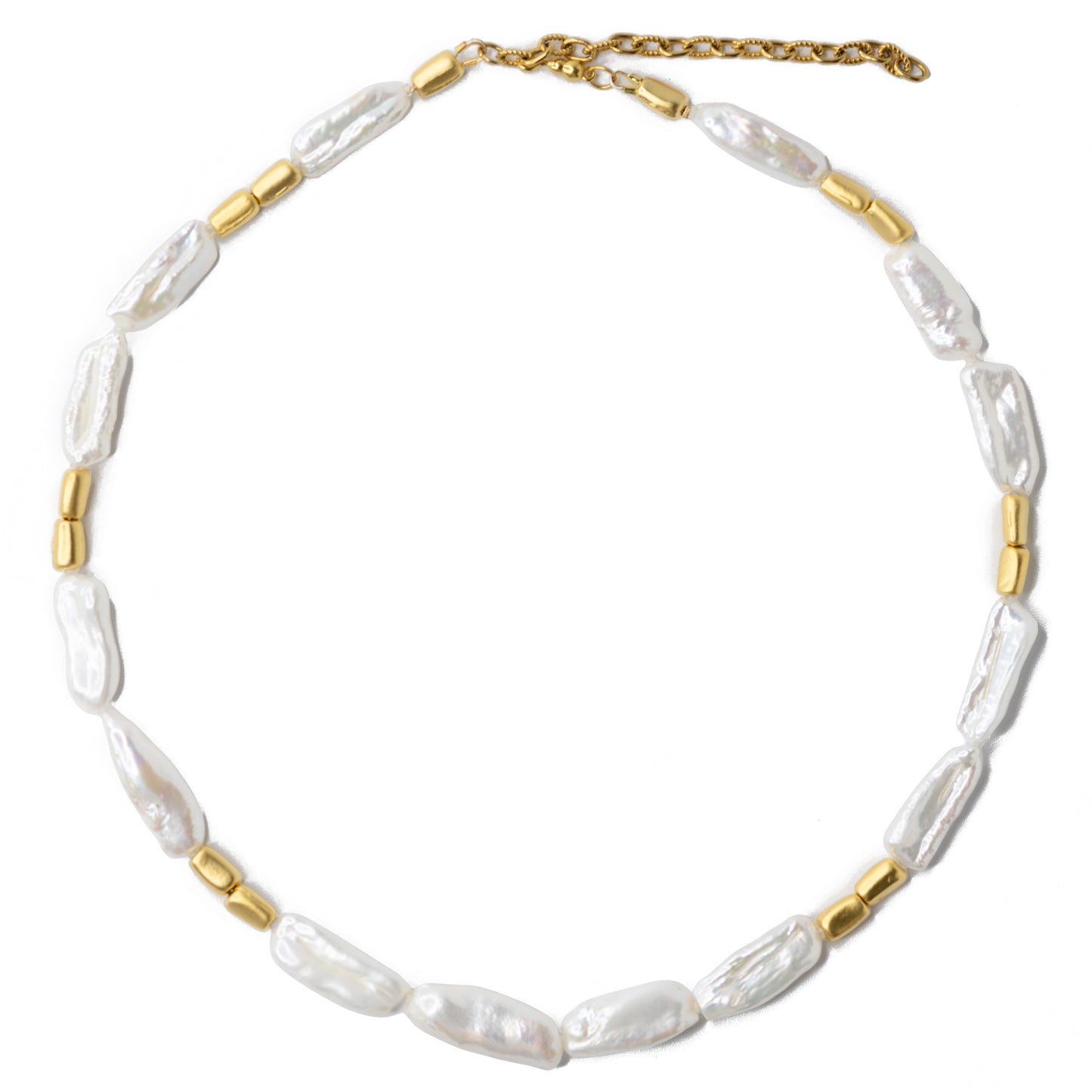 White Peonies Baroque Pearls Gold Bead Necklace